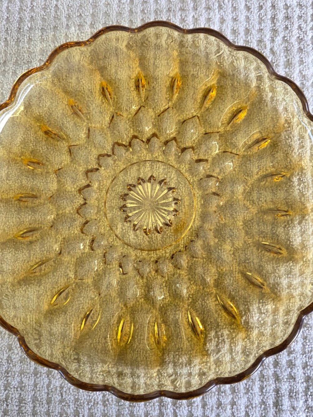 Anchor Hocking Warm Amber Glass Dessert Plate 1970's Scalloped Edge 10 Inches